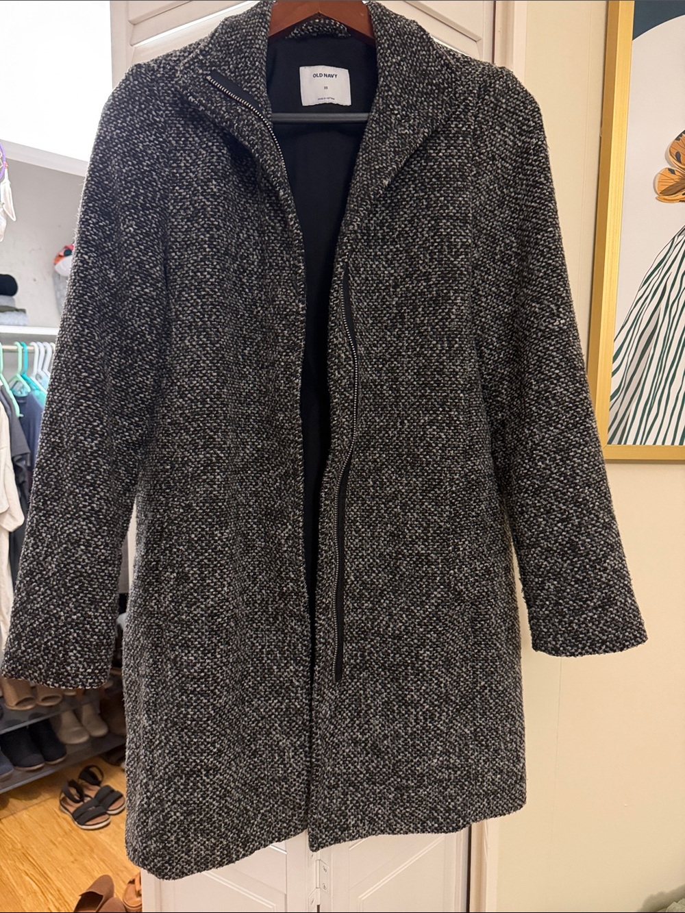 Old Navy Black and Gray Textured Zip-Front Coat